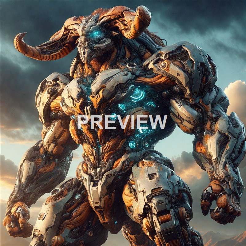 A massive, highly detailed robotic creature with a humanoid form, featuring glowing blue accents, metallic parts, and a horned head, set against a cloudy sky background.